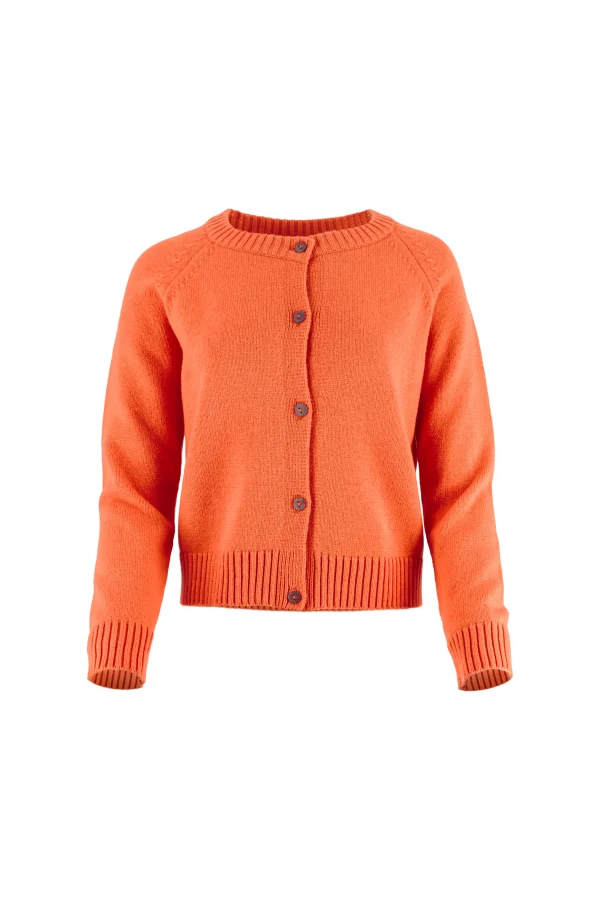 Women’s button cardigan in soft cashmere blend knit front view in orange peel colour