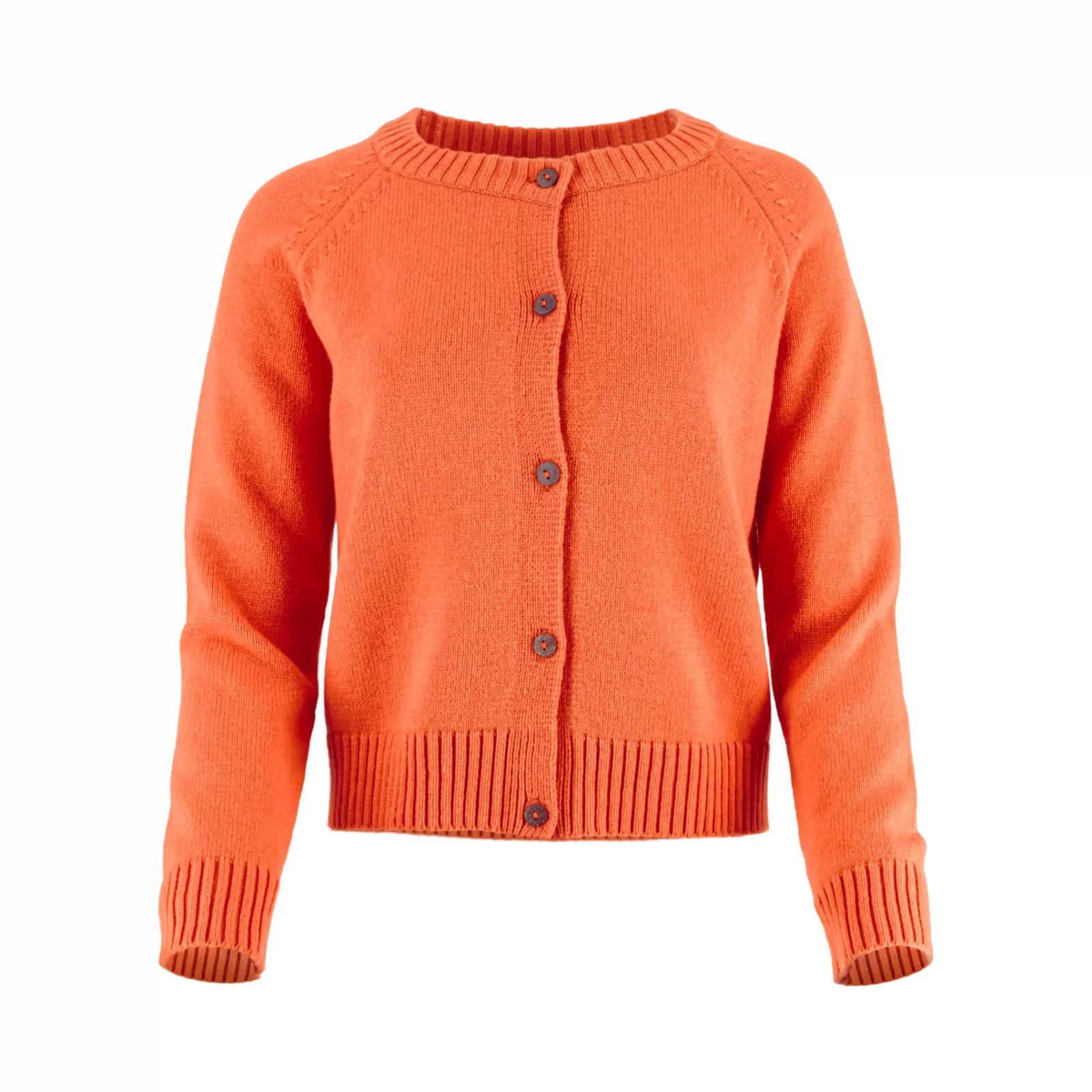Women’s button cardigan in soft cashmere blend knit front view in orange peel colour