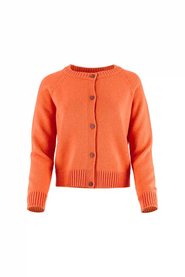 Women’s button cardigan in soft cashmere blend knit front view in orange peel colour