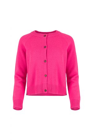 Women’s button cardigan in soft cashmere blend knit front view in fluro pink colour