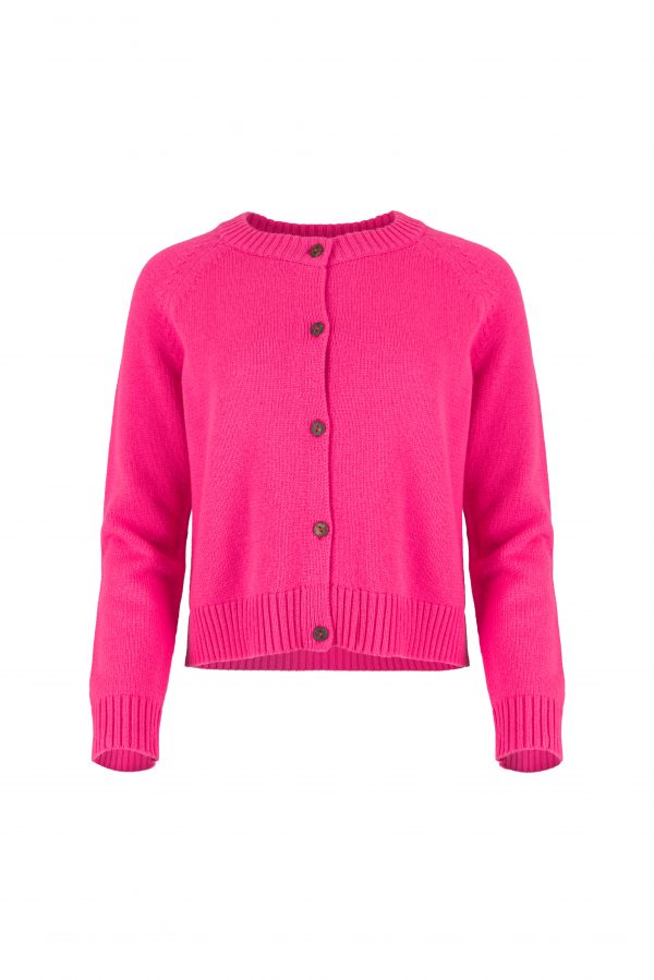 Women’s button cardigan in soft cashmere blend knit front view in fluro pink colour