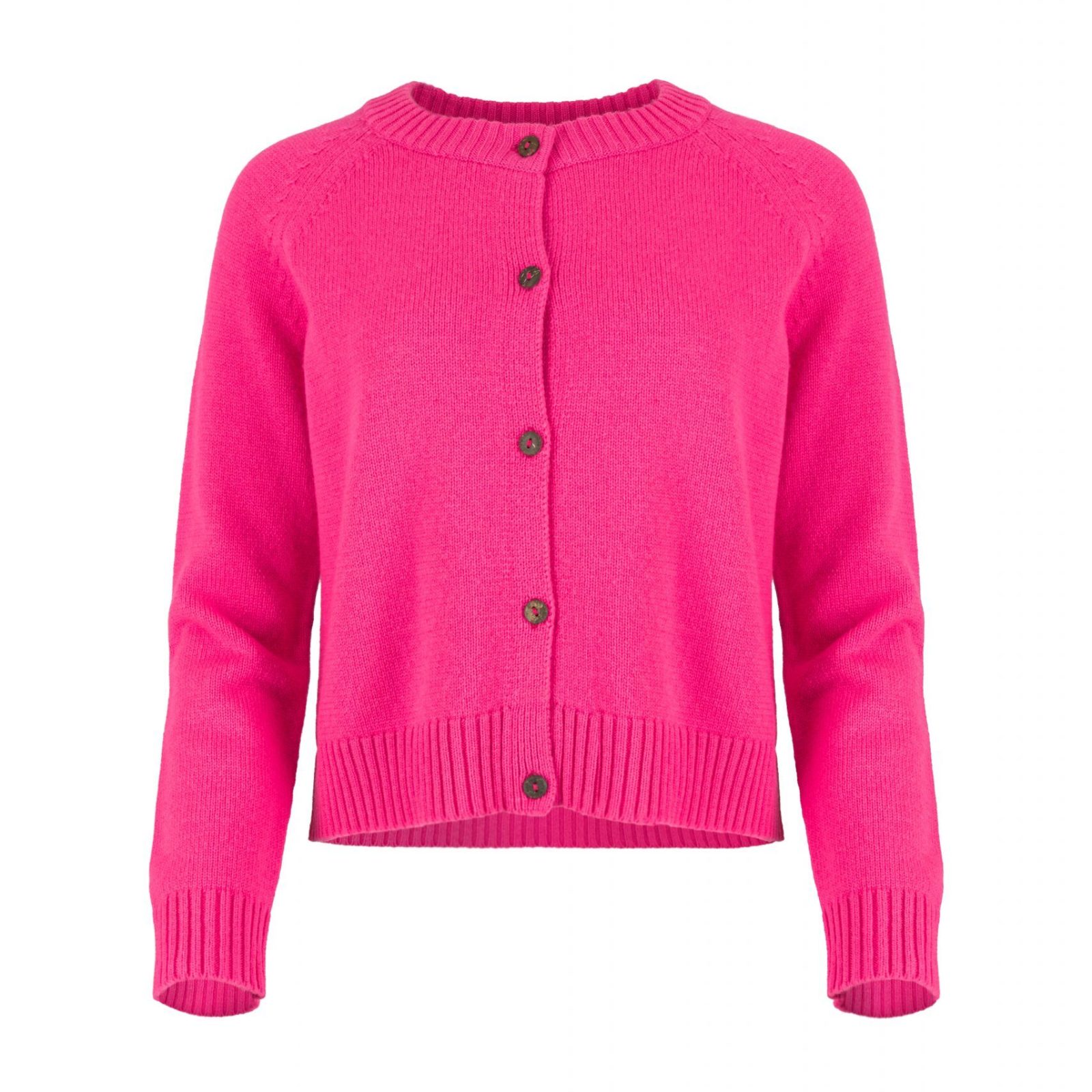 Women’s button cardigan in soft cashmere blend knit front view in fluro pink colour