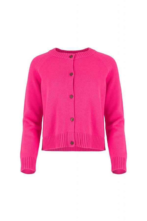 Women’s button cardigan in soft cashmere blend knit front view in fluro pink colour