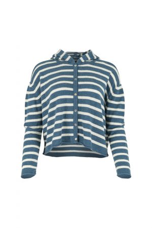 Elsi Hooded Cardigan in teal and buttermilk stripes with six small buttons