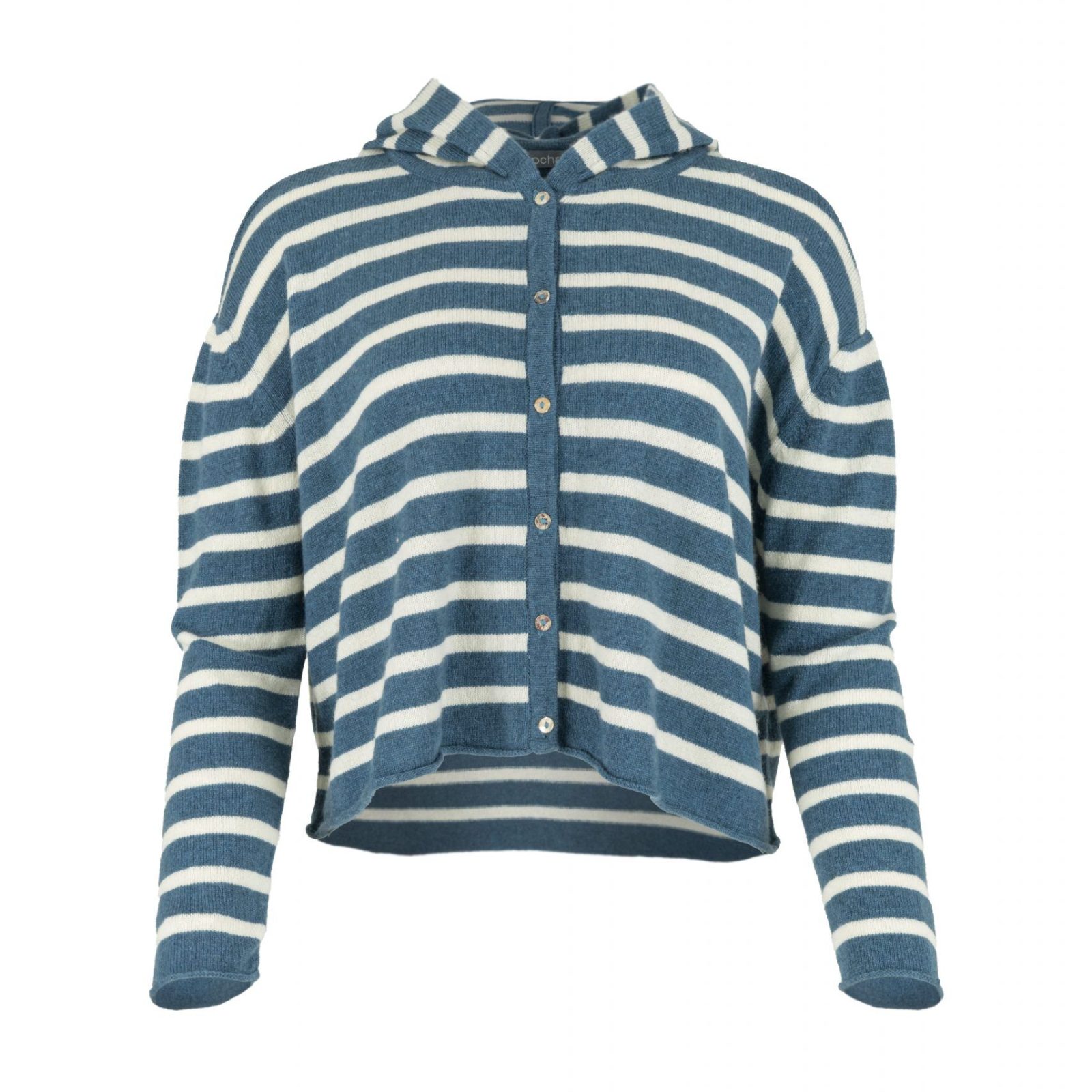 Elsi Hooded Cardigan in teal and buttermilk stripes with six small buttons