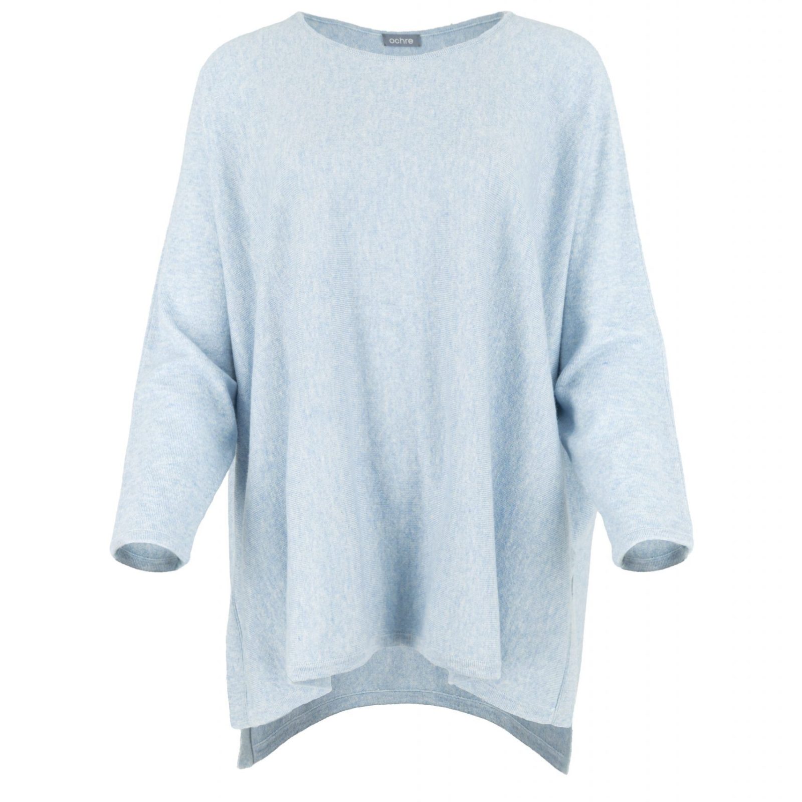 Greta-tunic-top-chalk-blue-front - Ochre Knitwear tunic top with long sleeves, boat neck and side split in chalk blue colour front view