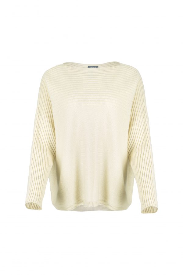 ribbed boat neck jumper in cashmere blend with textured shoulder panel and relaxed fit in buttermilk colour front view