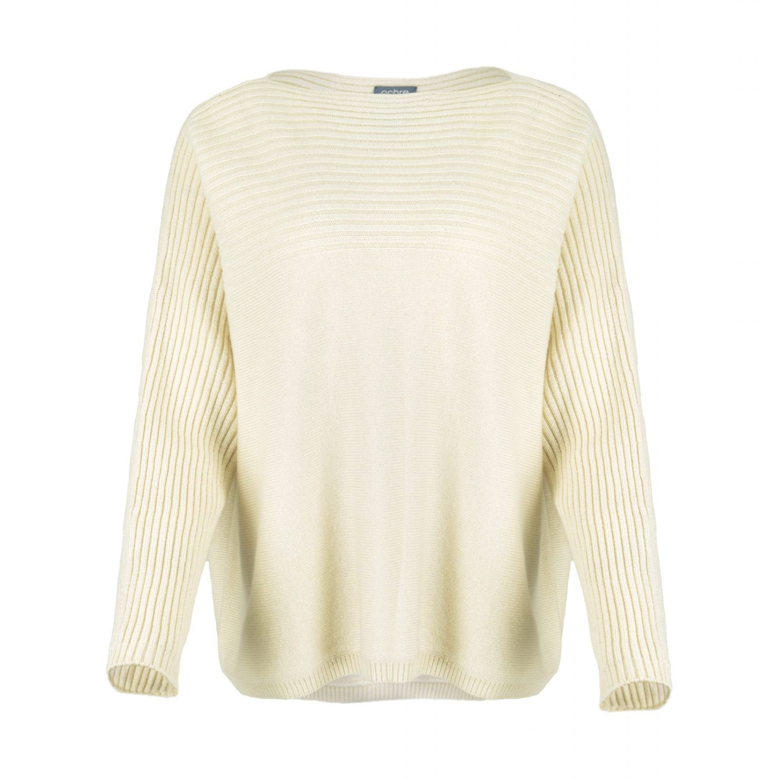 Jazlyn-ribbed-boat-neck-jumper-buttermilk-front - Ochre Knitwear ribbed boat neck jumper in cashmere blend with textured shoulder panel and relaxed fit in buttermilk colour front view