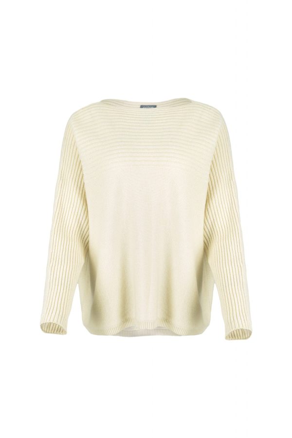 Jazlyn-ribbed-boat-neck-jumper-buttermilk-front - Ochre Knitwear ribbed boat neck jumper in cashmere blend with textured shoulder panel and relaxed fit in buttermilk colour front view