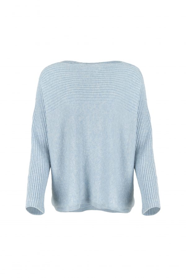 ribbed boat neck jumper in cashmere blend with textured shoulder panel and relaxed fit in chalk blue colour front view