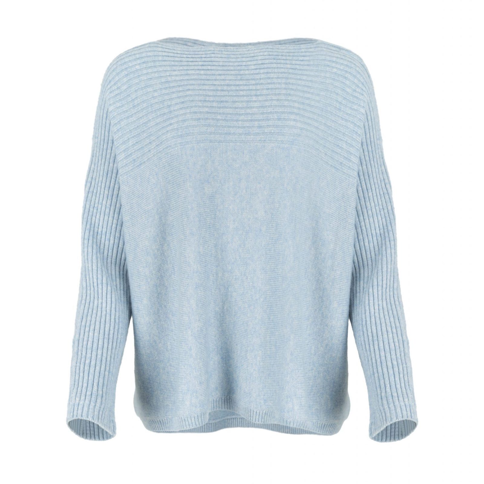 Jazlyn-ribbed-boat-neck-jumper-chalk-blue-front - Ochre Knitwear ribbed boat neck jumper in cashmere blend with textured shoulder panel and relaxed fit in chalk blue colour front view