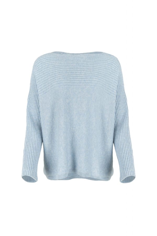 Jazlyn-ribbed-boat-neck-jumper-chalk-blue-front - Ochre Knitwear ribbed boat neck jumper in cashmere blend with textured shoulder panel and relaxed fit in chalk blue colour front view