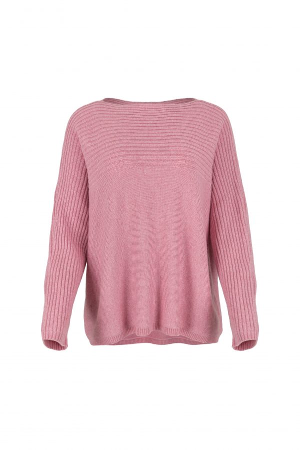 ribbed boat neck jumper in cashmere blend with textured shoulder panel and relaxed fit in monet pink colour front view