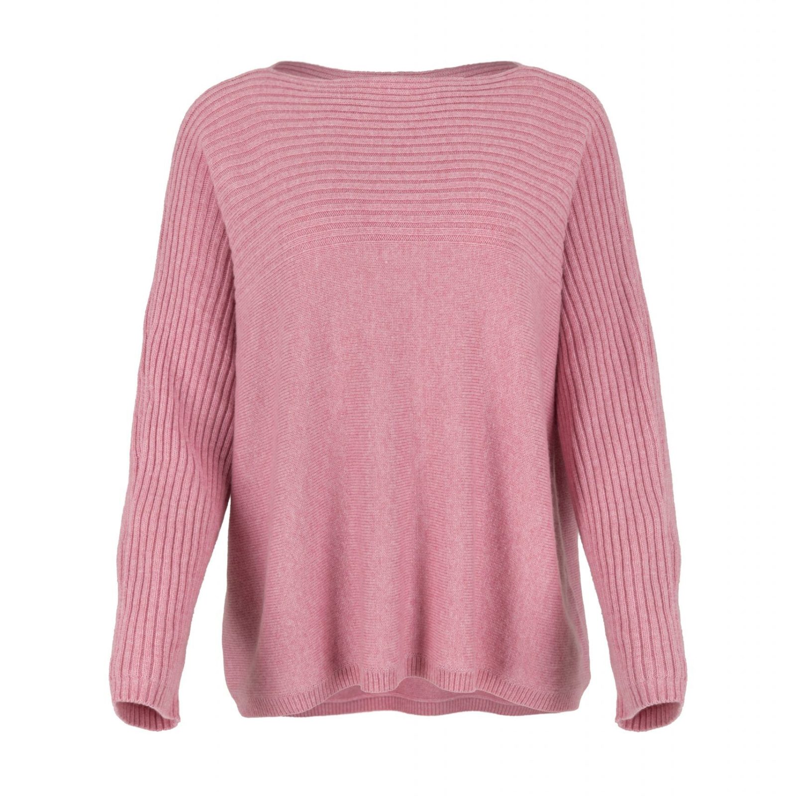 Jazlyn-ribbed-boat-neck-jumper-monet-pink-front - Ochre Knitwear ribbed boat neck jumper in cashmere blend with textured shoulder panel and relaxed fit in monet pink colour front view