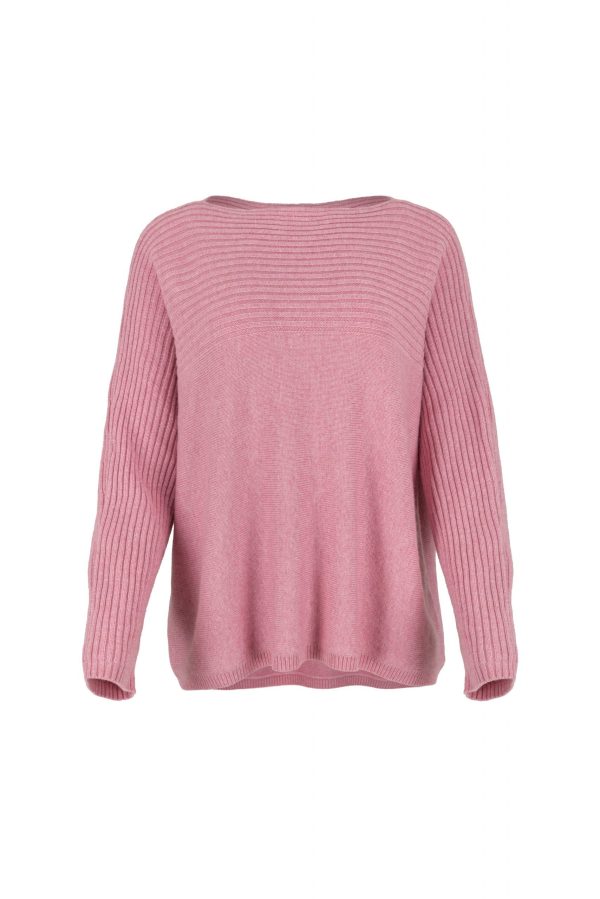 Jazlyn-ribbed-boat-neck-jumper-monet-pink-front - Ochre Knitwear ribbed boat neck jumper in cashmere blend with textured shoulder panel and relaxed fit in monet pink colour front view