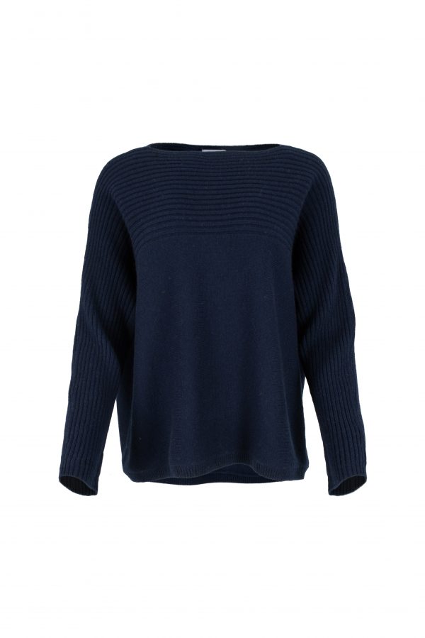 ribbed boat neck jumper in cashmere blend with textured shoulder panel and relaxed fit in navy marl colour front view