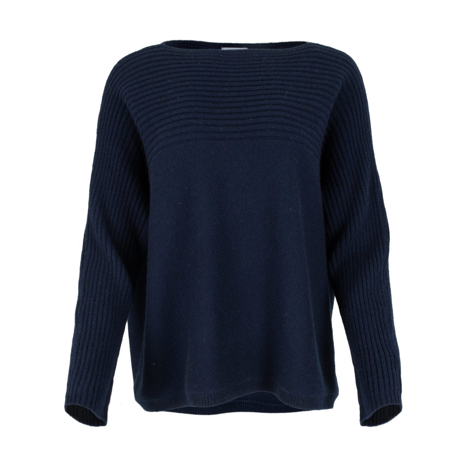 Jazlyn-ribbed-boat-neck-jumper-navy-marl-front - Ochre Knitwear ribbed boat neck jumper in cashmere blend with textured shoulder panel and relaxed fit in navy marl colour front view