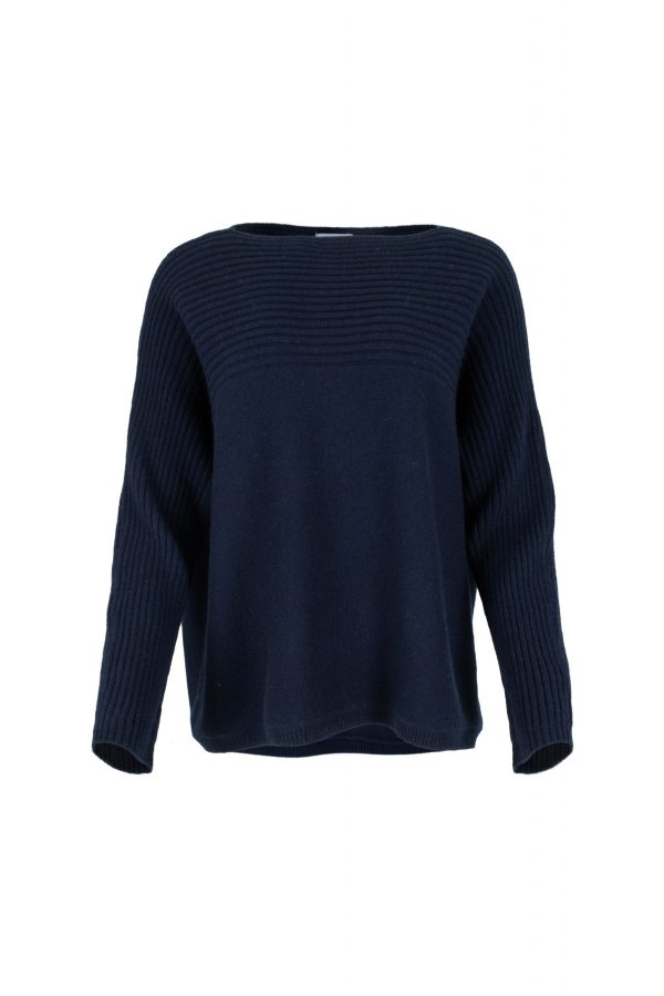 Jazlyn-ribbed-boat-neck-jumper-navy-marl-front - Ochre Knitwear ribbed boat neck jumper in cashmere blend with textured shoulder panel and relaxed fit in navy marl colour front view