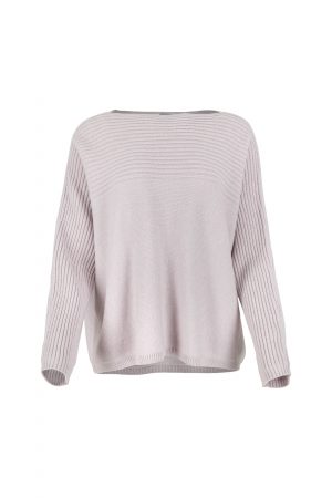 ribbed boat neck jumper in cashmere blend with textured shoulder panel and relaxed fit in orchid ice colour front view
