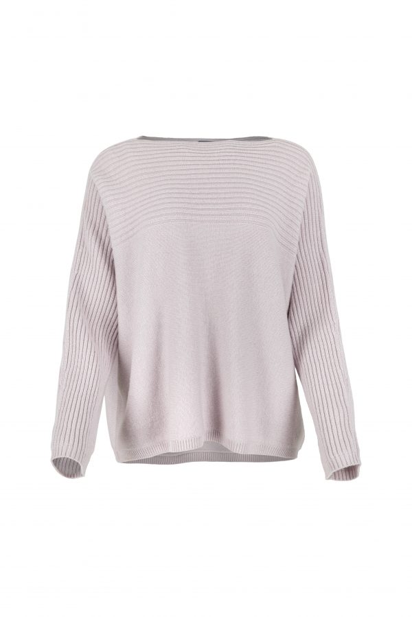 Jazlyn-ribbed-boat-neck-jumper-orchid-ice-front - Ochre Knitwear ribbed boat neck jumper in cashmere blend with textured shoulder panel and relaxed fit in orchid ice colour front view