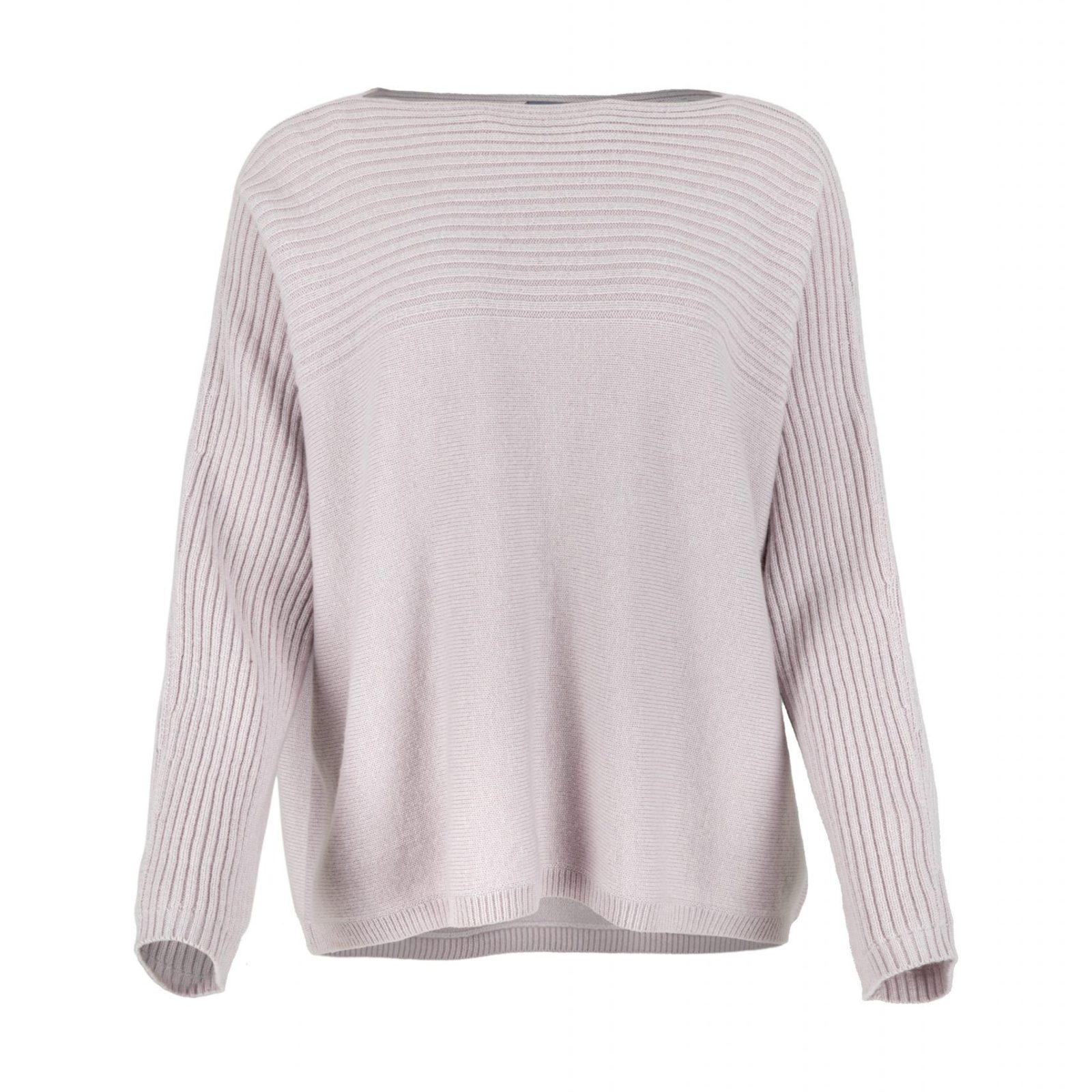 Jazlyn-ribbed-boat-neck-jumper-orchid-ice-front - Ochre Knitwear ribbed boat neck jumper in cashmere blend with textured shoulder panel and relaxed fit in orchid ice colour front view