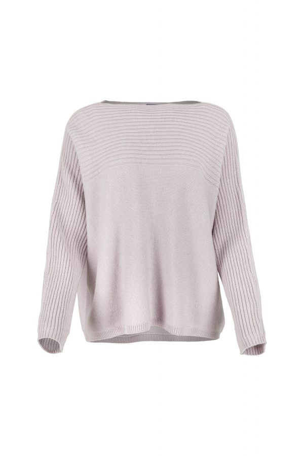 Jazlyn-ribbed-boat-neck-jumper-orchid-ice-front - Ochre Knitwear ribbed boat neck jumper in cashmere blend with textured shoulder panel and relaxed fit in orchid ice colour front view