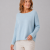 ribbed boat neck jumper in cashmere blend with textured shoulder panel and relaxed fit in chalk blue colour front view