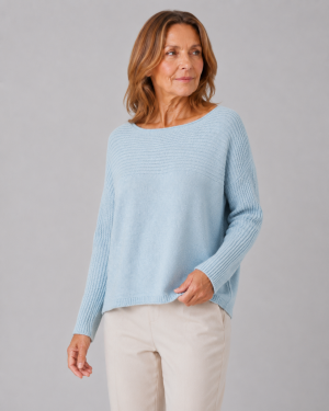 ribbed boat neck jumper in cashmere blend with textured shoulder panel and relaxed fit in chalk blue colour front view