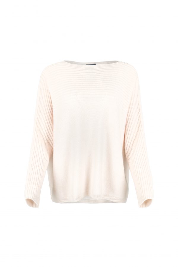 ribbed boat neck jumper in cashmere blend with textured shoulder panel and relaxed fit in soft pink colour front view