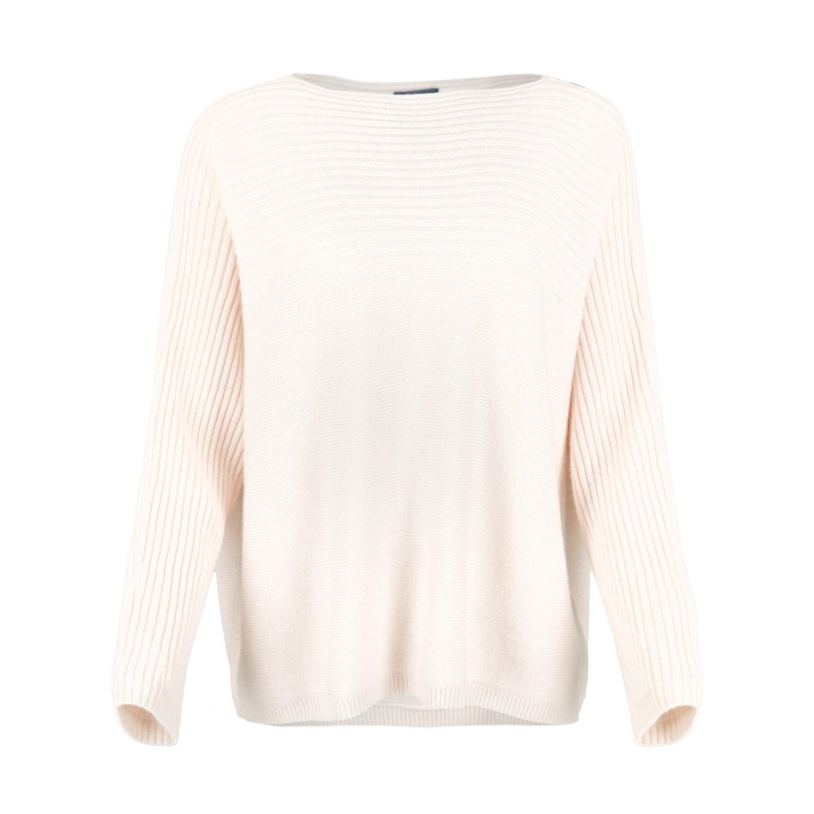 Jazlyn-ribbed-boat-neck-jumper-soft-pink-front - Ochre Knitwear ribbed boat neck jumper in cashmere blend with textured shoulder panel and relaxed fit in soft pink colour front view