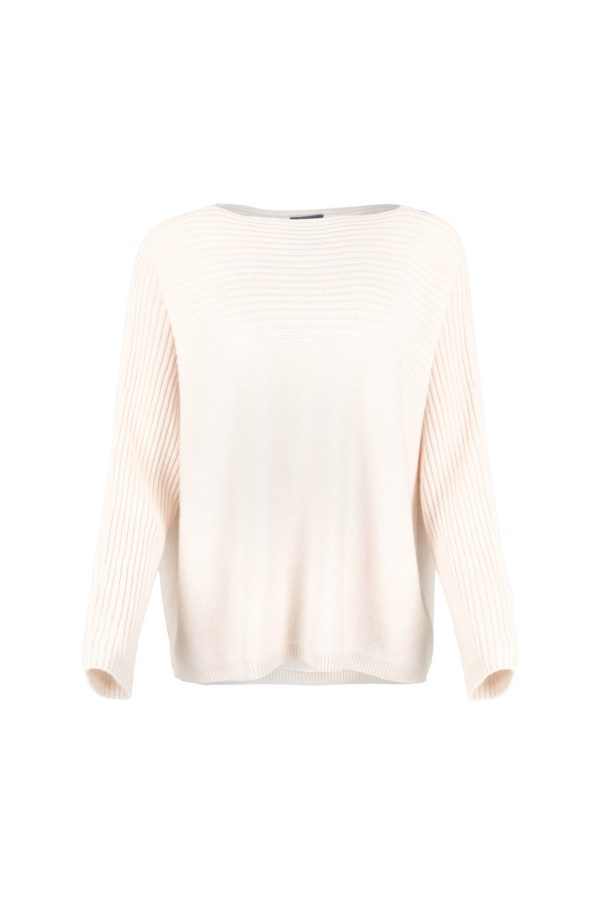 Jazlyn-ribbed-boat-neck-jumper-soft-pink-front - Ochre Knitwear ribbed boat neck jumper in cashmere blend with textured shoulder panel and relaxed fit in soft pink colour front view