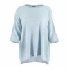 high low knit jumper in cashmere blend with boat neckline and relaxed silhouette front view in chalk blue colour