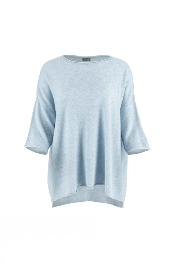 high low knit jumper in cashmere blend with boat neckline and relaxed silhouette front view in chalk blue colour