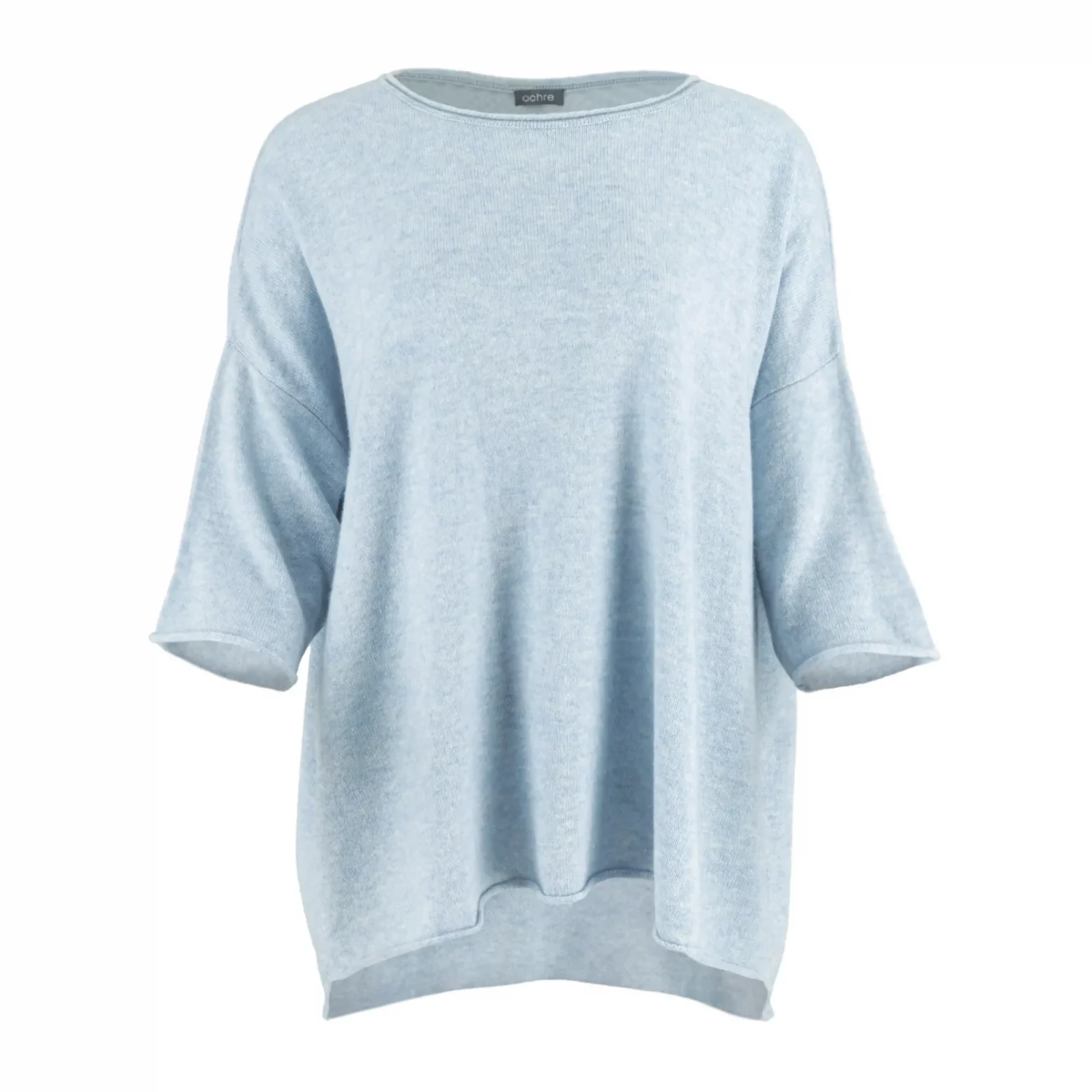 high low knit jumper in cashmere blend with boat neckline and relaxed silhouette front view in chalk blue colour