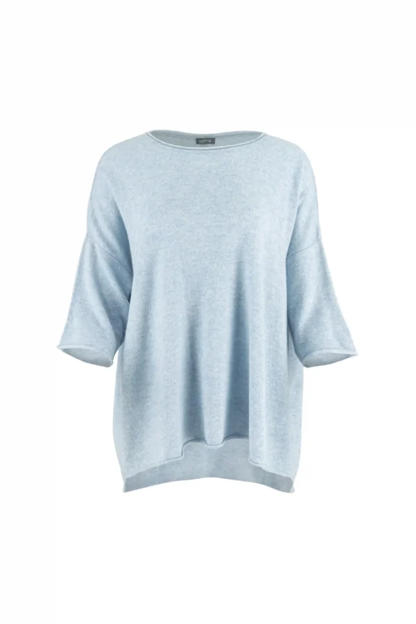 high low knit jumper in cashmere blend with boat neckline and relaxed silhouette front view in chalk blue colour