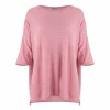high low knit jumper in cashmere blend with boat neckline and relaxed silhouette in monet pink colour, front view