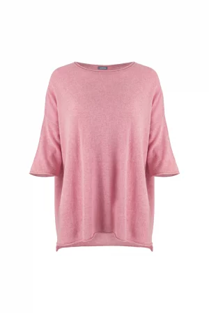 high low knit jumper in cashmere blend with boat neckline and relaxed silhouette in monet pink colour, front view