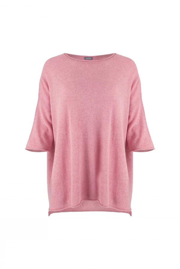 high low knit jumper in cashmere blend with boat neckline and relaxed silhouette in monet pink colour, front view