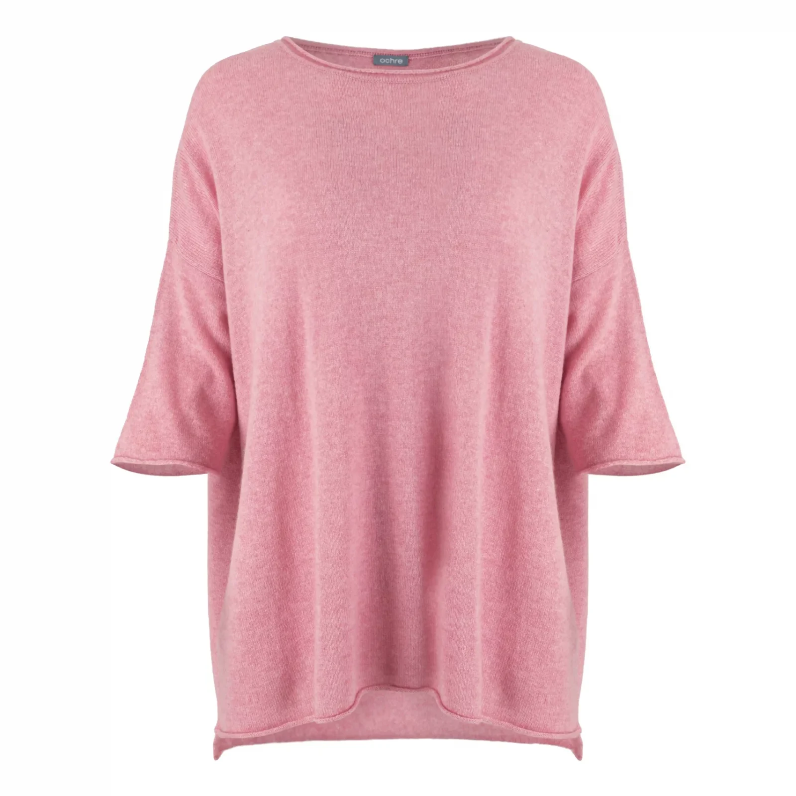 high low knit jumper in cashmere blend with boat neckline and relaxed silhouette in monet pink colour, front view