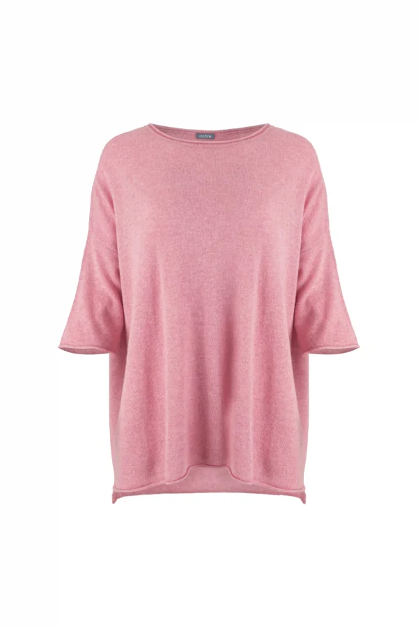 high low knit jumper in cashmere blend with boat neckline and relaxed silhouette in monet pink colour, front view