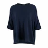 high low knit jumper in cashmere blend with boat neckline and relaxed silhouette front view in navy colour