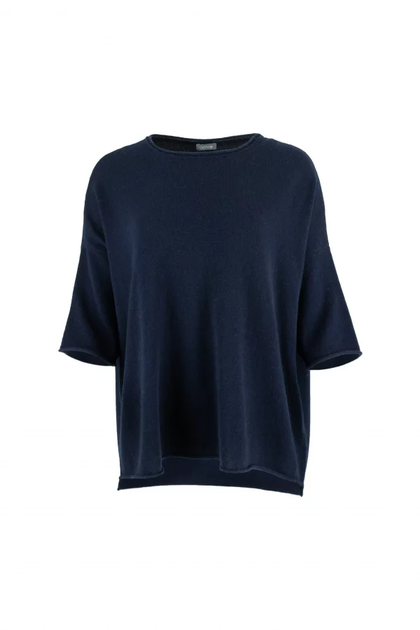 high low knit jumper in cashmere blend with boat neckline and relaxed silhouette front view in navy colour
