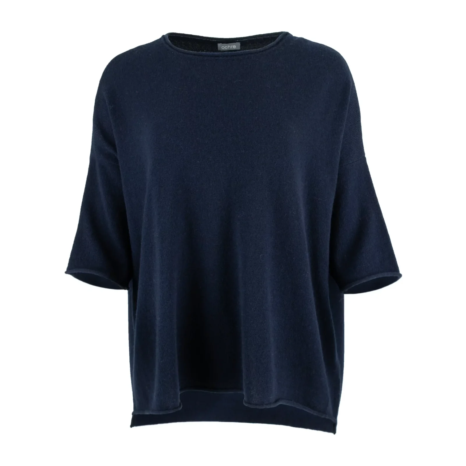 high low knit jumper in cashmere blend with boat neckline and relaxed silhouette front view in navy colour