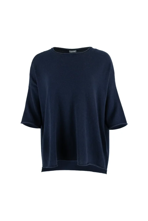 high low knit jumper in cashmere blend with boat neckline and relaxed silhouette front view in navy colour