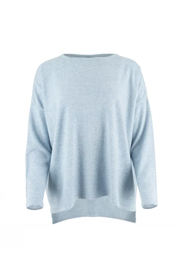 Kitty cashmere blend relaxed jumper with drop shoulders, longer back hem and ribbed back panel detail in soft luxury knit in chalk blue colour