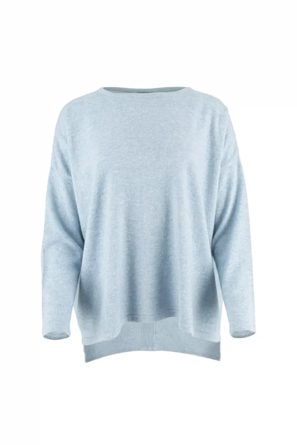 Kitty cashmere blend relaxed jumper with drop shoulders, longer back hem and ribbed back panel detail in soft luxury knit in chalk blue colour