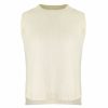 knitted vest features round neck, sleeveless, longer at the back with side split in buttermilk colour, front view