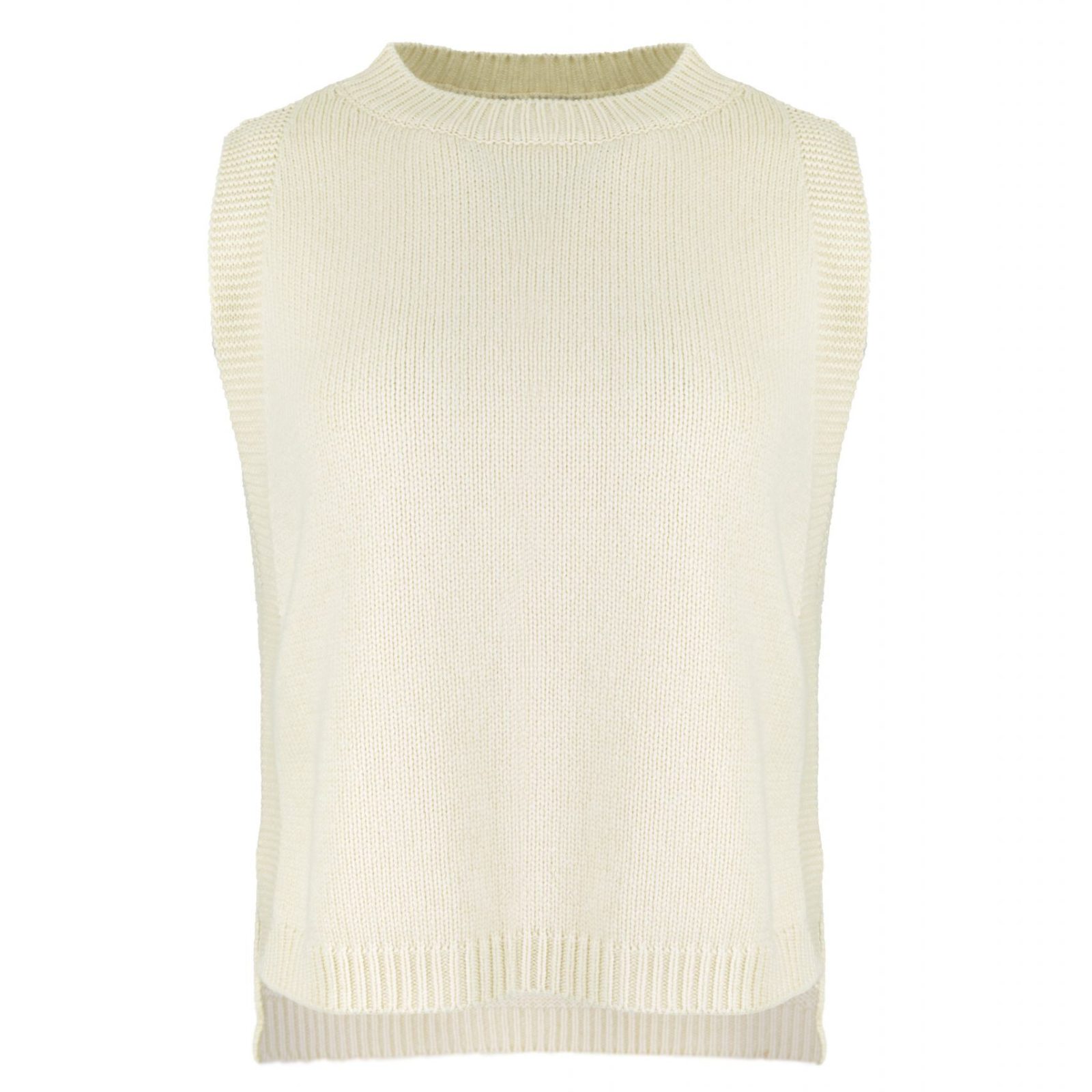Lula-knitted-vest-buttermilk-front-view - Ochre Knitwear knitted vest features round neck, sleeveless, longer at the back with side split in buttermilk colour, front view