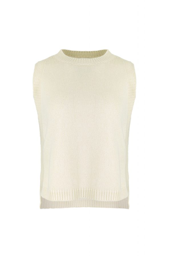Lula-knitted-vest-buttermilk-front-view - Ochre Knitwear knitted vest features round neck, sleeveless, longer at the back with side split in buttermilk colour, front view