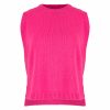 knitted vest features round neck, sleeveless, longer at the back with side split in fluro pink colour, front view